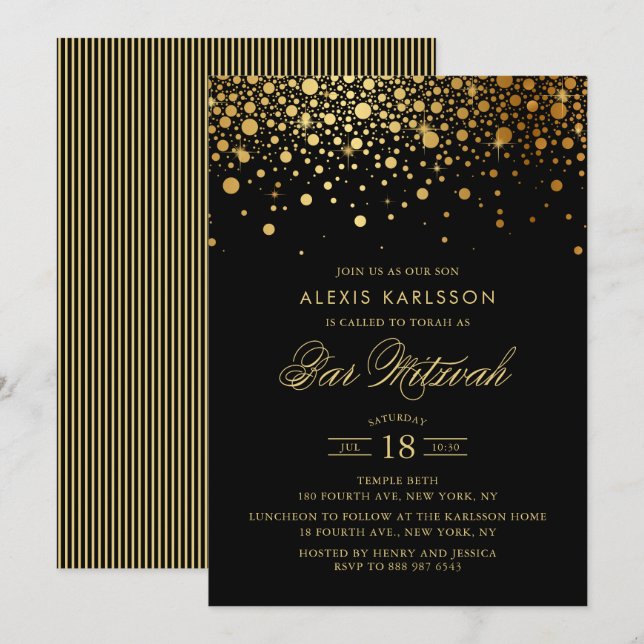 Convites Faux Gold Foil Confetti Bar Preto Mitzvah (Frente/Verso)