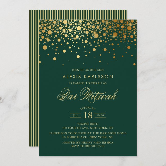 Convites Faux Gold Foil Confetti Bar Verde Mitzvah (Frente/Verso)