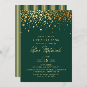 Convites Faux Gold Foil Confetti Bar Verde Mitzvah