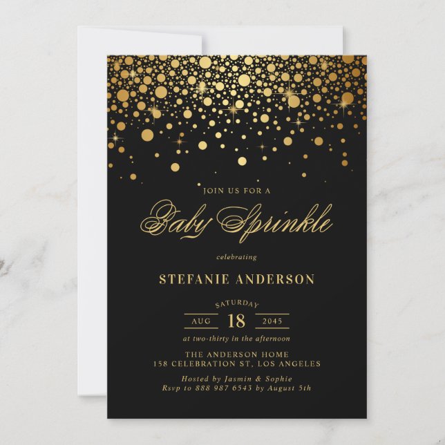 Convites Faux Gold Foil Confetti Black Baby Sprinkle (Frente)
