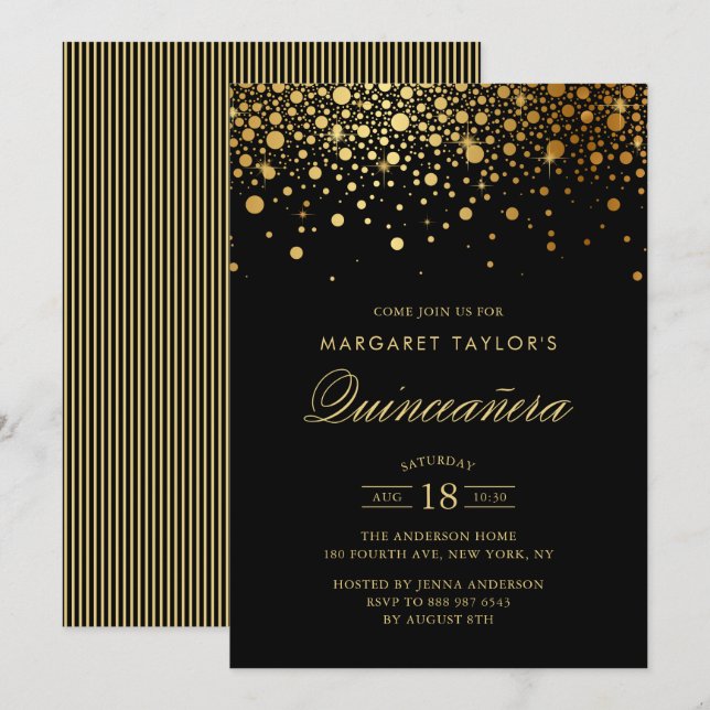 Convites Faux Gold Foil Confetti Black Quinceañera (Frente/Verso)