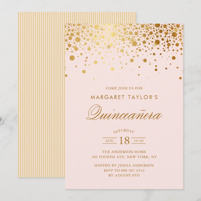 Convites Faux Gold Foil Confetti Blush Pink Quinceañera (Frente/Verso)