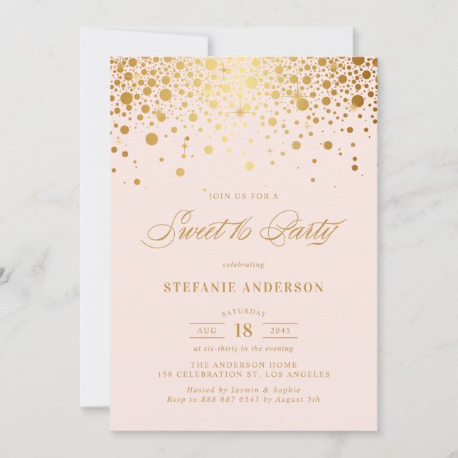 Convites Faux Gold Foil Confetti Blush Sweet 16 Party (Frente)