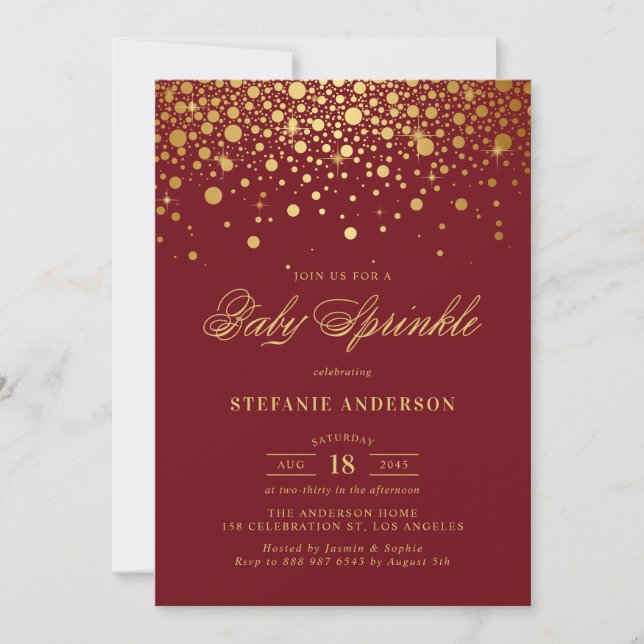 Convites Faux Gold Foil Confetti Burgundy Baby Sprinkle (Frente)