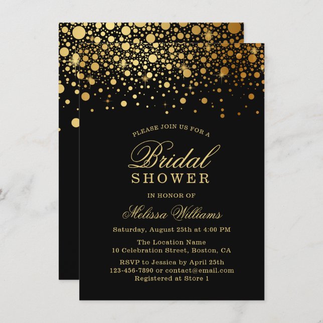 Convites Faux Gold Foil Confetti | Chá de panela preto (Frente/Verso)