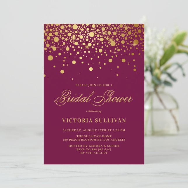 Convites Faux Gold Foil Confetti Chá de panela Roxo (Em pé/Frente)