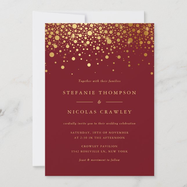 Convites Faux Gold Foil Confetti Dots Burgundy Casamento (Frente)