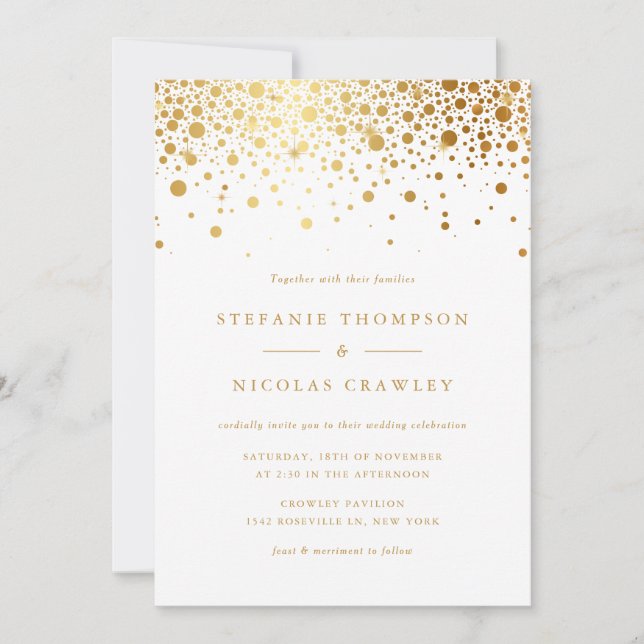 Convites Faux Gold Foil Confetti Dots Casamento (Frente)