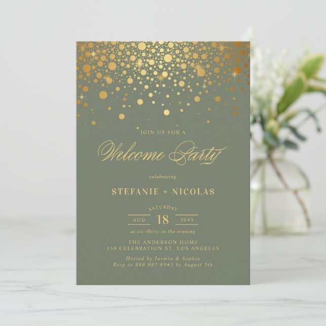 Convites Faux Gold Foil Confetti Dots Green Welcome Party (Em pé/Frente)