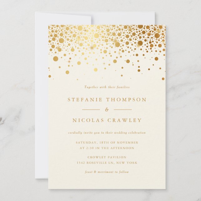 Convites Faux Gold Foil Confetti Dots Ivory Wedding (Frente)