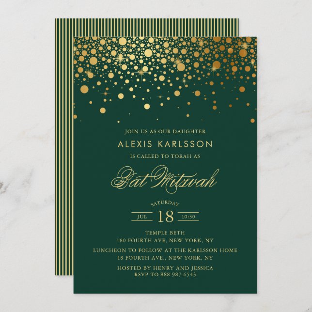 Convites Faux Gold Foil Confetti Green Bat Mitzvah (Frente/Verso)