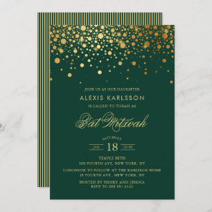 Convites Faux Gold Foil Confetti Green Bat Mitzvah