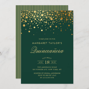 Convites Faux Gold Foil Confetti Green Quinceañera