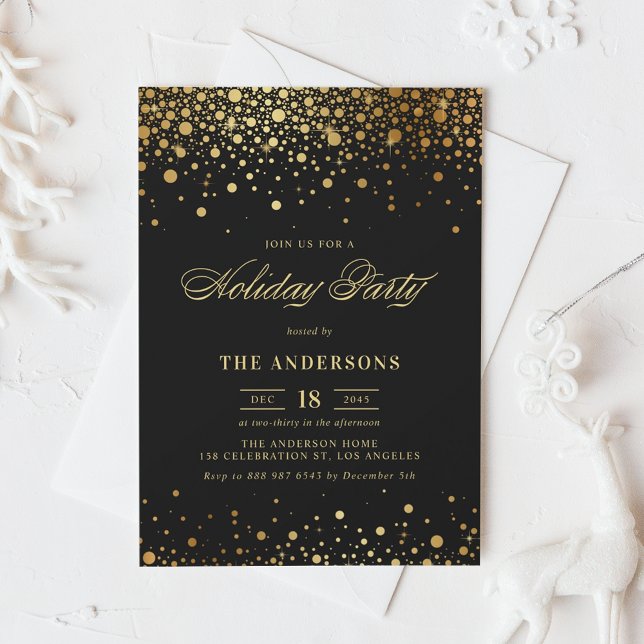 Convites Faux Gold Foil Confetti Holiday Party | Preto (Criador carregado)