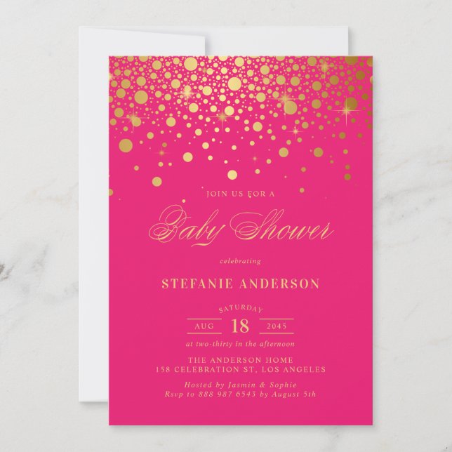 Convites Faux Gold Foil Confetti Hot Pink Chá de fraldas (Frente)