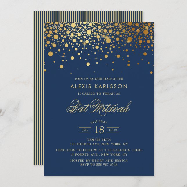 Convites Faux Gold Foil Confetti Marinho Azul Bat Mitzvah (Frente/Verso)