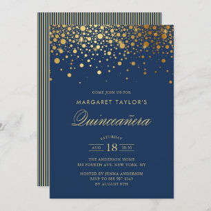 Convites Faux Gold Foil Confetti Marinho Blue Quinceañera