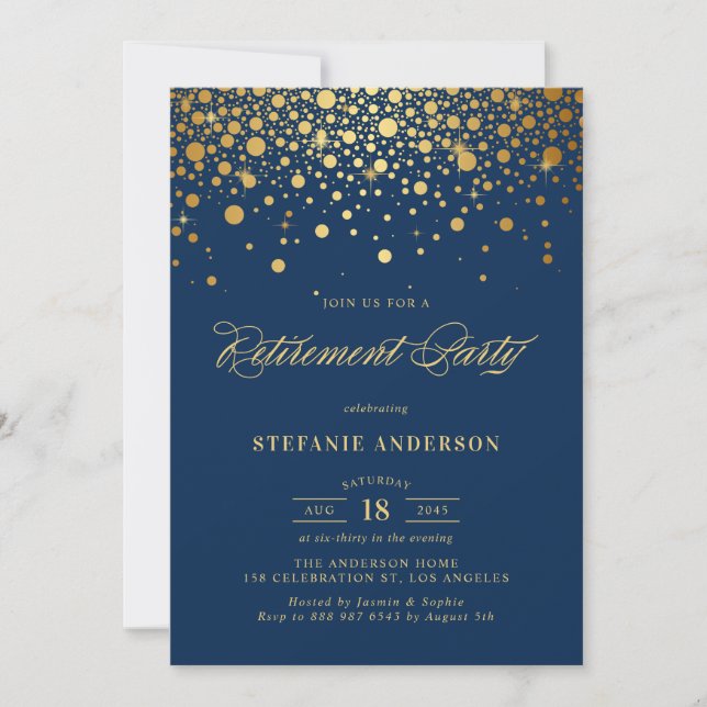 Convites Faux Gold Foil Confetti Marinho Blue Retirement Pa (Frente)