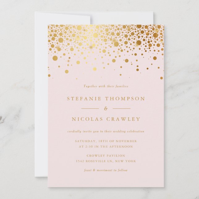 Convites Faux Gold Foil Confetti Pontos Blush Casamento (Frente)