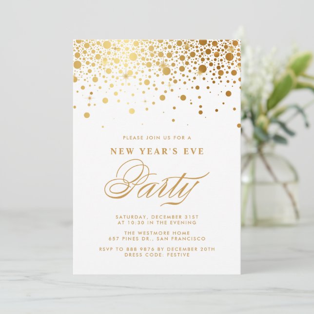 Convites Faux Gold Foil Confetti Pontos de Véspera de Ano N (Em pé/Frente)
