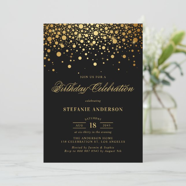 Convites Faux Gold Foil Confetti Pontos Negros Aniversário (Em pé/Frente)