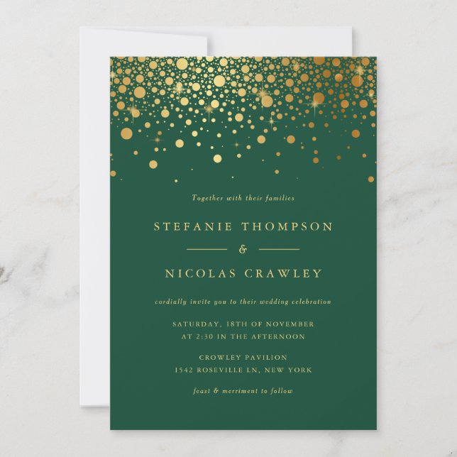 Convites Faux Gold Foil Confetti Pontos Verdes Casamento (Frente)