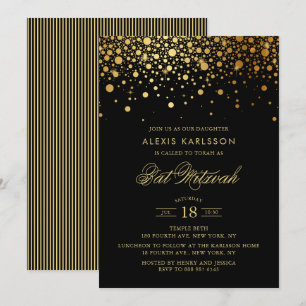 Convites Faux Gold Foil Confetti Preto Bat Mitzvah