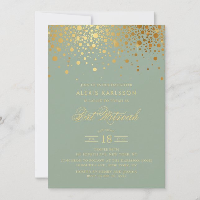 Convites Faux Gold Foil Confetti Sage Green Bat Mitzvah (Frente)