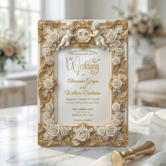Convites Faux Gold Foil Embossed Style Baroque Monogram (Criador carregado)