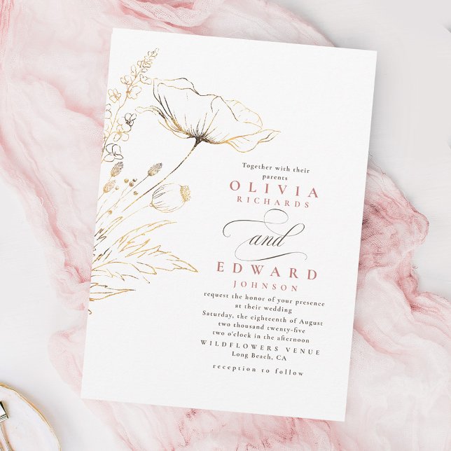 Convites Faux Gold Foil Flores Selvagens Casamento Rosa Dus (Wildflowers Wedding Invitation)