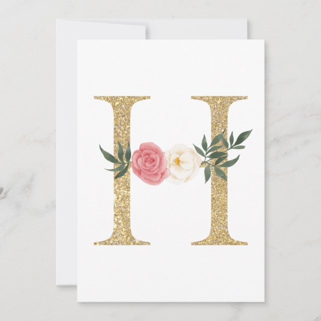 Convites Faux Gold Foil - Letra H Blush Monograma Floral (Frente)