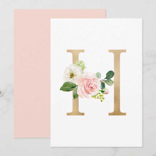 Convites Faux Gold Foil - Letra H Blush Monograma Floral (Frente/Verso)