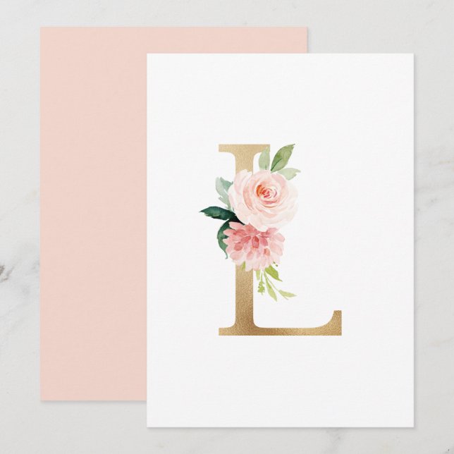Convites Faux Gold Foil - Letra L Blush Monograma Floral (Frente/Verso)