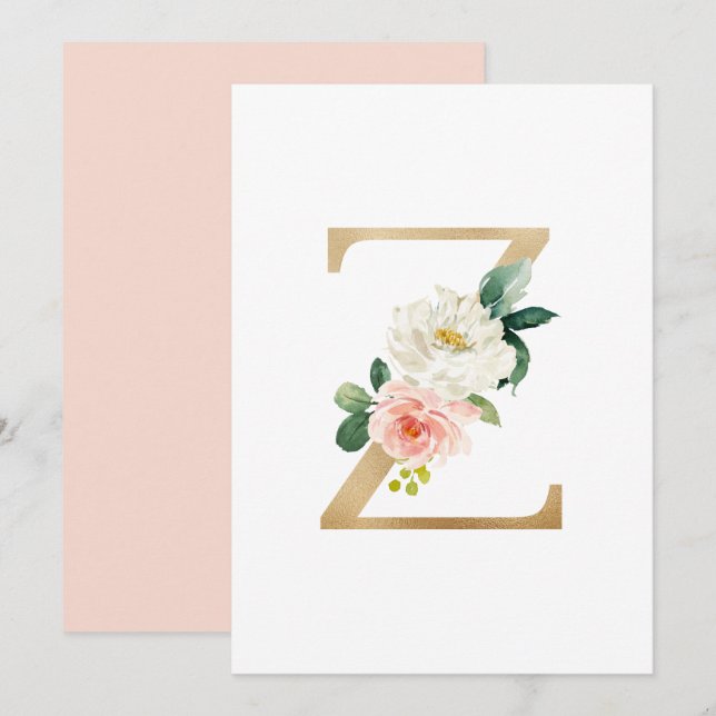 Convites Faux Gold Foil - Letra Z Monograma Floral Esmagado (Frente/Verso)