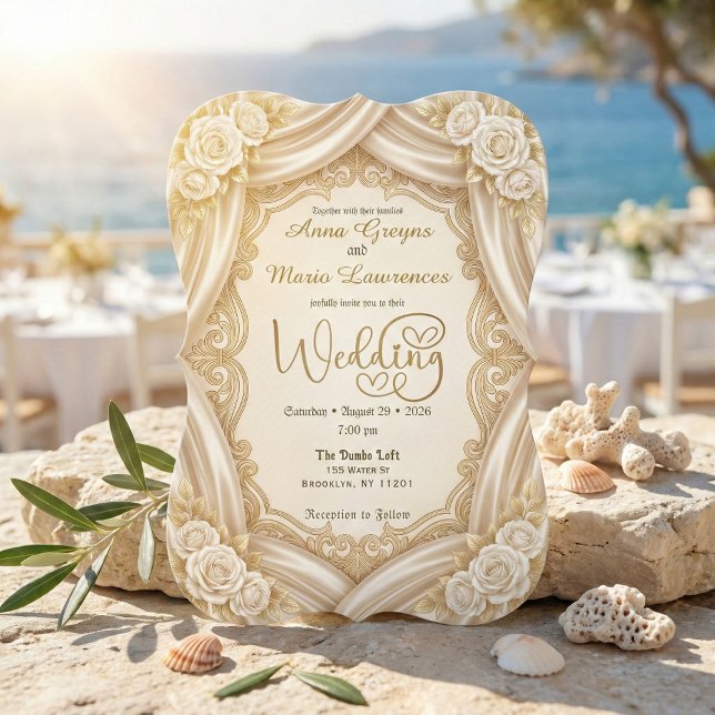 Convites Faux Gold Foil Ornate Frame Printed Satin Wedding  (Criador carregado)