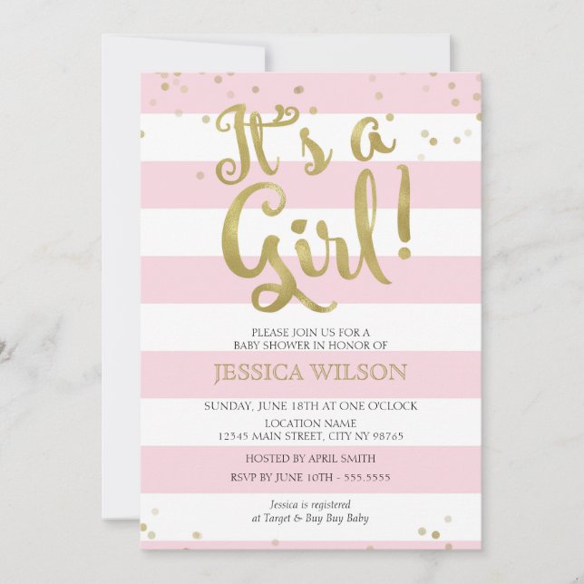 Convites Faux Gold Foil Pink Strips Chá de fraldas é uma ga (Frente)