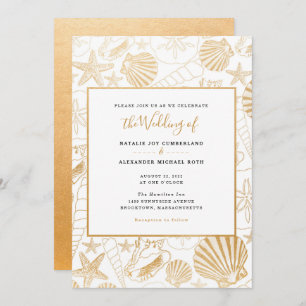 Convites Faux gold foil sea shell casamento, tema da praia