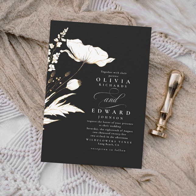 Convites Faux Gold Foil Selvagens Flores Selvagens Casament (Criador carregado)