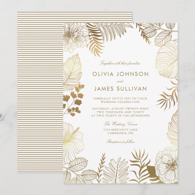 Convites Faux Gold Foil Tropical Vegetais Casamento (Frente/Verso)