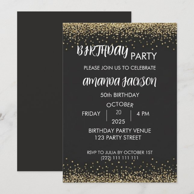 Convites Faux Gold Glitter Black 50th Birthday Invite (Frente/Verso)
