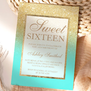 Convites Faux gold glitter elegante aqua teal Sweet 16