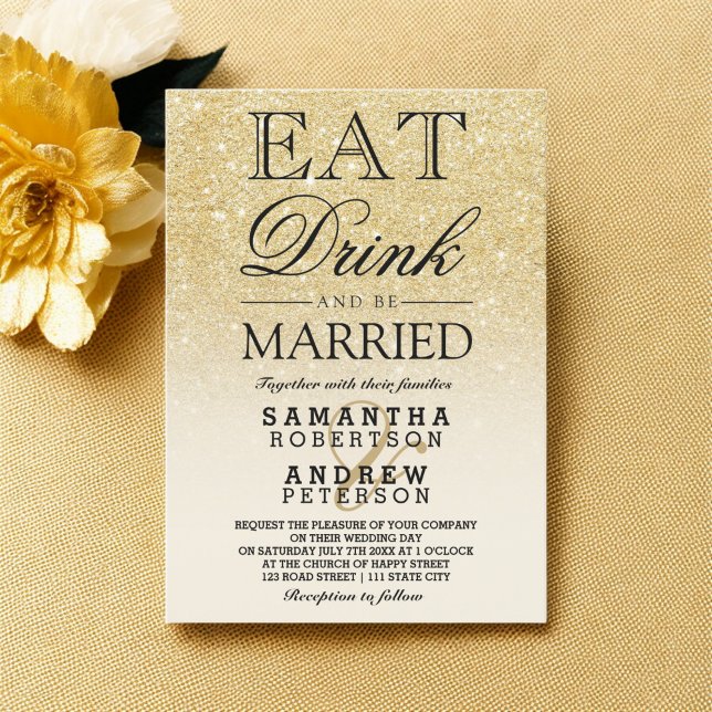 Convites Faux gold glitter ivory ombre come bebida casament (Faux gold glitter ivory ombre eat drink wedding invitation)