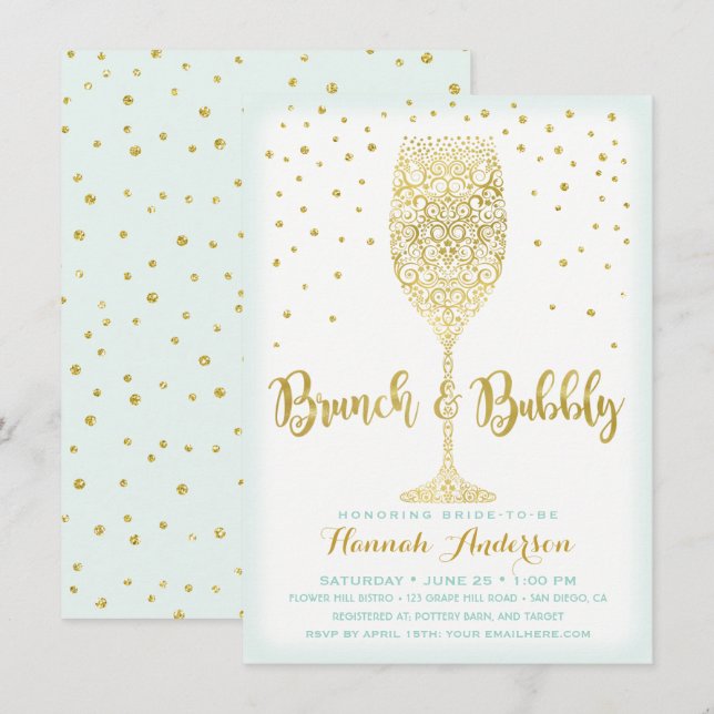 Convites Faux Gold & Mint Brunch & Bubbly Chá de Noiva (Frente/Verso)