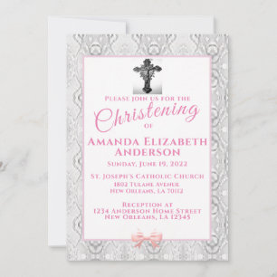 Convites Faux Lace Baptism rosa/Christening