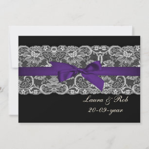 Convites Faux lace ribbon púrpura casamento preto Obrigado
