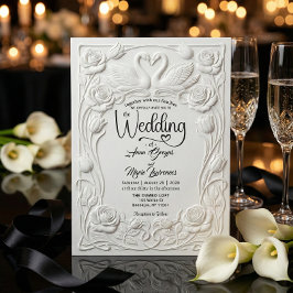 Convites Faux Letterpress Embossed Floral Swan Wedding  