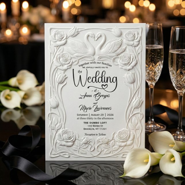 Convites Faux Letterpress Embossed Floral Swan Wedding   (Criador carregado)