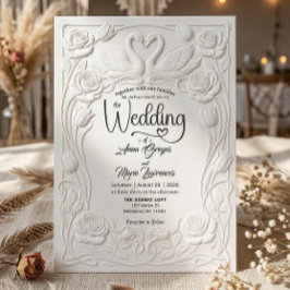 Convites Faux Letterpress Embossed Floral Swan Wedding  