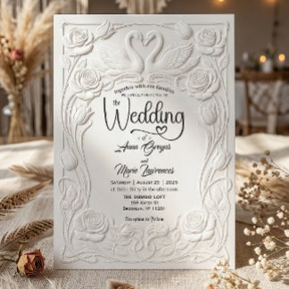 Convites Faux Letterpress Embossed Floral Swan Wedding  