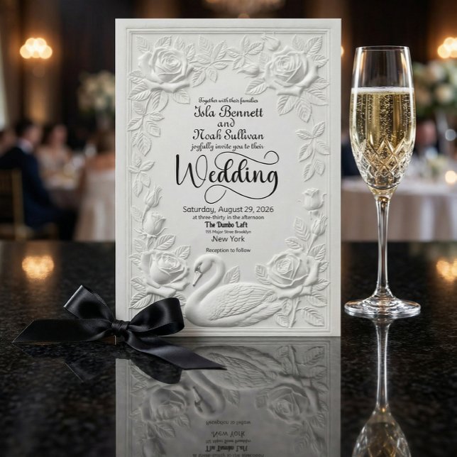 Convites Faux Letterpress Embossed Swan Floral Wedding (Criador carregado)